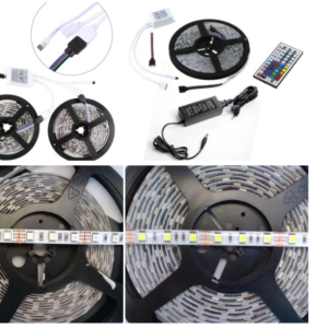 KIT RGB Tira de led de 5m con controlador 44 opciones IR mas fuente de alimentación de 12V 5A.